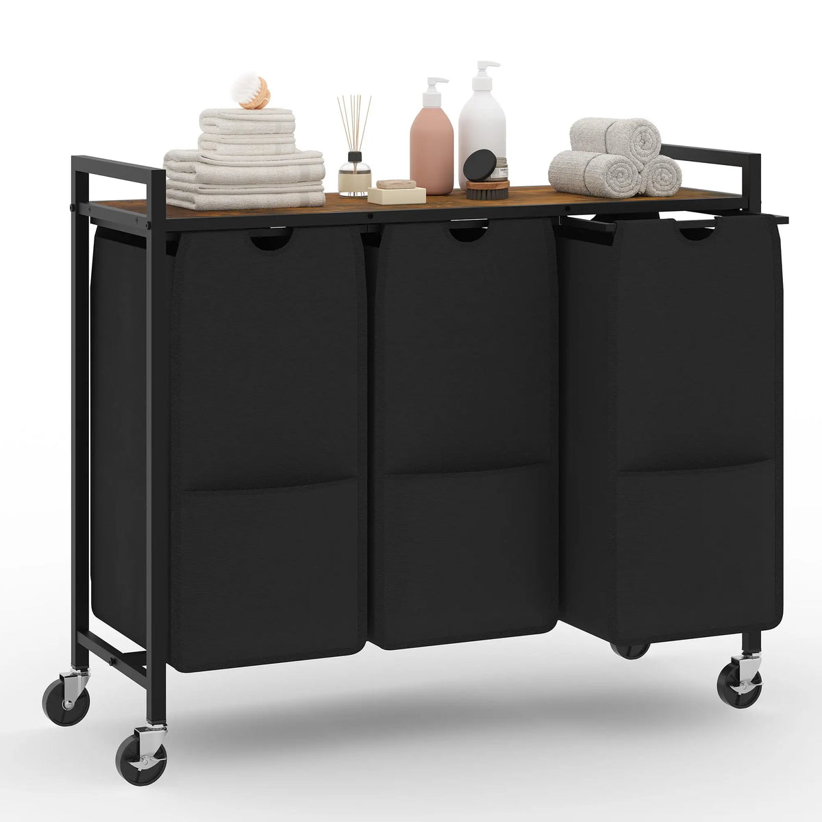 3 Compartment Laundry Sorter Cart with Tabletop, Rolling Laundry Hamper with Wheels, Metal Frame Clothes Sorting Basket for Bathroom Laundry Room