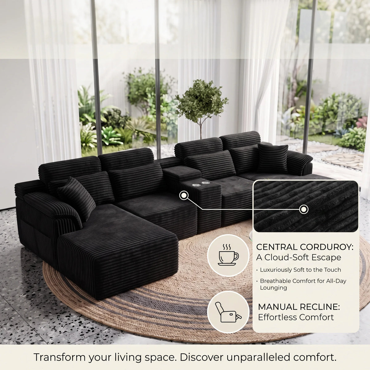 Modern Modular U-Shaped Sectional Sofa, Compressed Corduroy Couch with Storage Console & Cup Holders, Fluffy Deep Seating Living Room Furniture, Easy to Transport