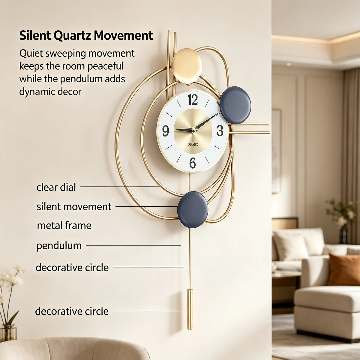 Modern Wall Clock Gold Finish 21cm Dial Silent Sweeping Quartz Movement, Large Geometric Irregular Wall Decor Clock with Bold Arabic Numerals for Living Room Office Bedroom