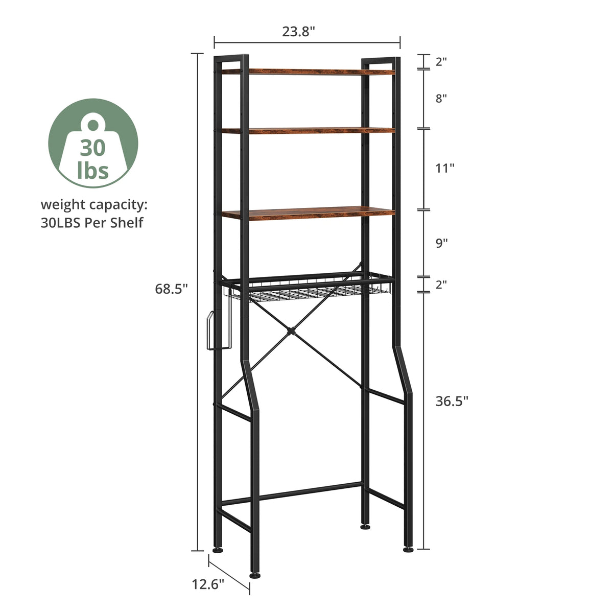 4-Tier Freestanding Bathroom Organizer Shelf Over Toilets with Adjustable Storage Rack Shelf and Basket Space Saver Above Toilet Storage Cabinet with 3 Hooks for Rooms