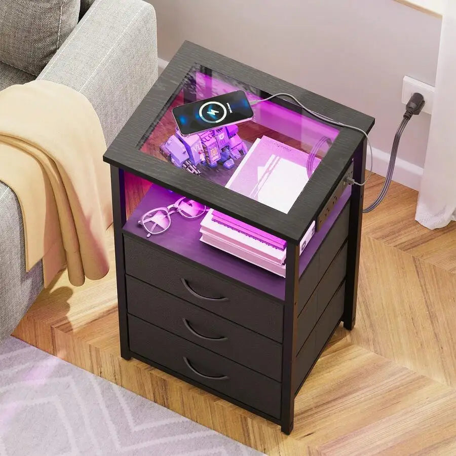 Tomnk Bedside Table With Charging Station, LED Nightstand With USB Ports And Outlets, 3 Fabric Storage Drawers With PU Finish, Bed Side Table For Bedroom, Living Room, White/Black