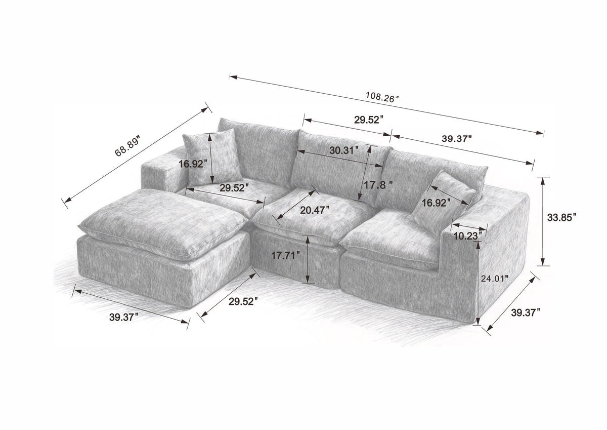 108" L Shaped Sectional Sofa Modular Sofa Couch Deep Seat with Movable Ottoman 4 Seater Chenille Sofa for Living Room,Apartment
