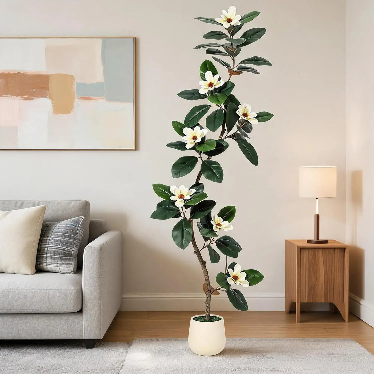 Rubber Tree Artificial Tree in White Planter Pot,Faux Plants Indoor Faux Floor Plant Artificial Plants with Magnolia Flowers for Home Office Decor