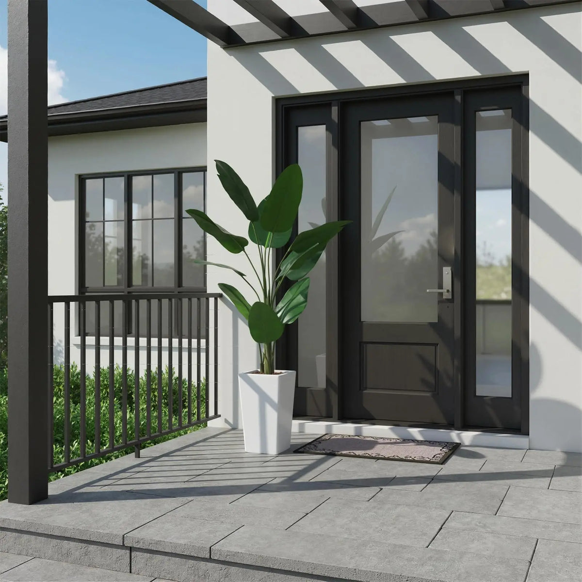 4.8FT Faux Banana Tree Artificial Plant, Fake Potted Tropical Evergreen with Tall White Planter for Living Room, Entryway, Porch