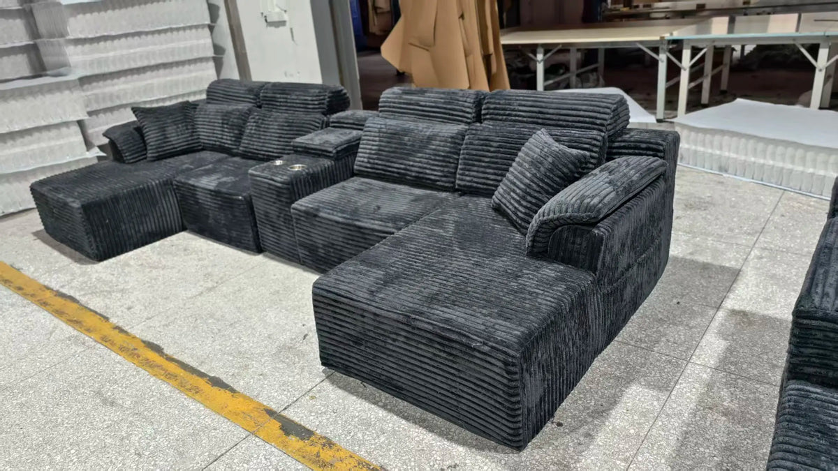 Modern Modular U-Shaped Sectional Sofa, Compressed Corduroy Couch with Storage Console & Cup Holders, Fluffy Deep Seating Living Room Furniture, Easy to Transport