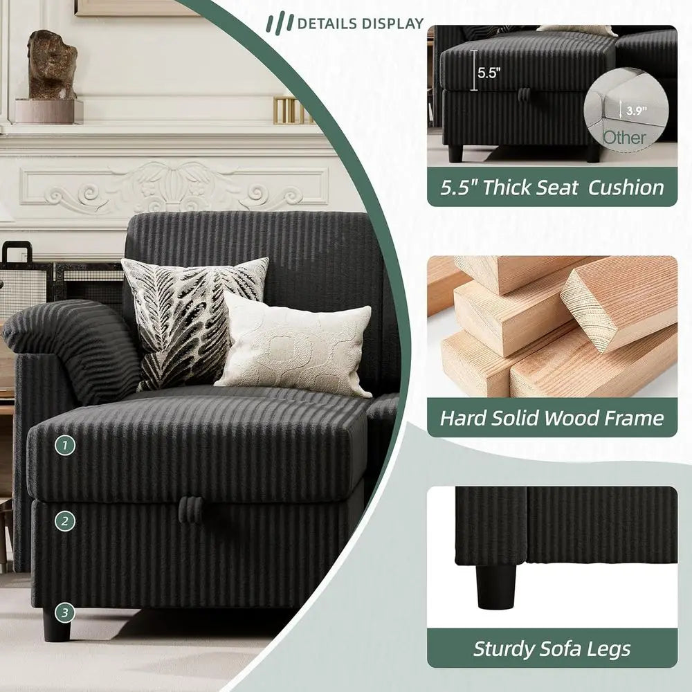 79" Convertible Sectional Couch Sofa with Storage Ottoman, 3 Seat L Shaped Couch with Side Storage