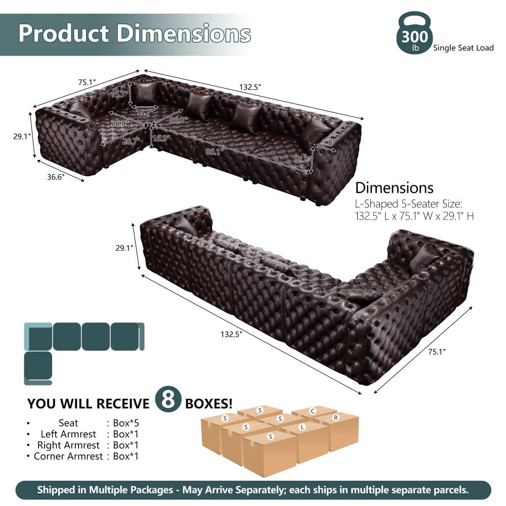 132.5" L Shaped Modern Sofa Set, Faux Leather Upholstered Modular 5-Seater Sectional Couch with Pure Handmade Button Tufted Design, 5 Pillows, Multi Combination for Living Room, Dark Brown