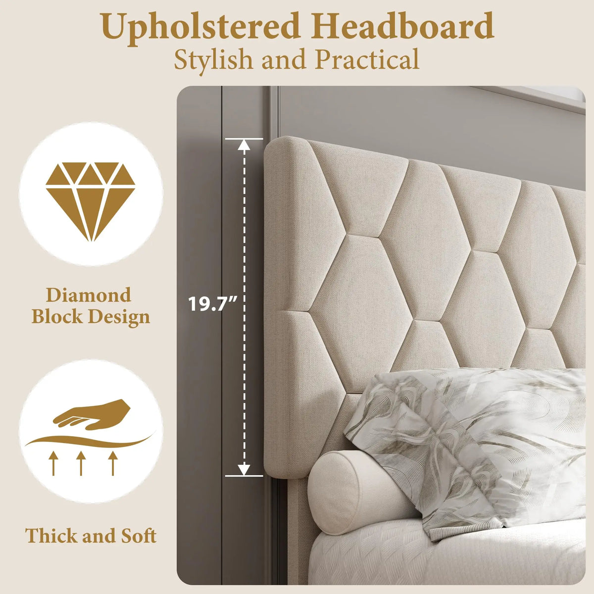 Upholstered Platform Bed with Padded Headboard - Sturdy Wooden Slats - No Box Spring - Silent Non-Slip Base - Easy Assembly - Grey/Beige