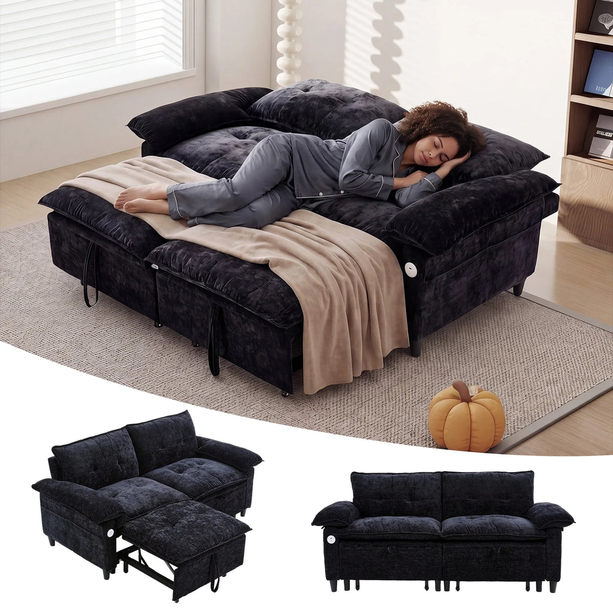 Double-person Convertible Sleeping Lounging Sofa With USB Charging Port 2-in-1 Upholstered Sofa Equipped With Thick  High-density Cushions Suitable for Small-sized Living Rooms Bedrooms Study Rooms Offices