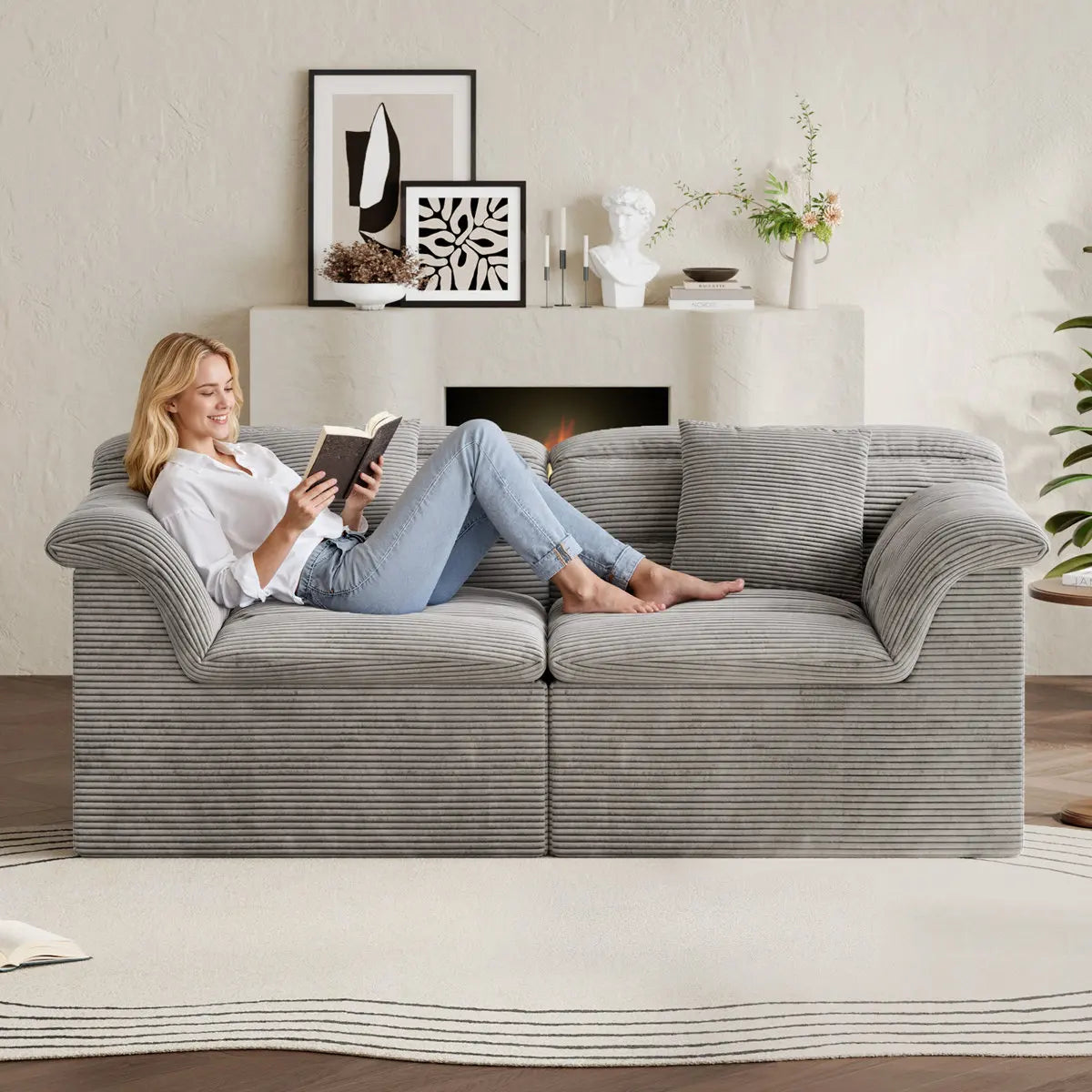 81" Loveseat Sofa with Deep Seat, Corduroy Boneless Couch for Living Room, Office, No-Assembly Required, Blue, Black, Gray