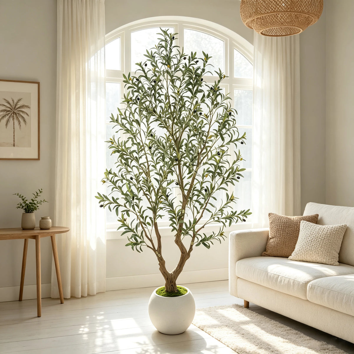 5/6/7/8FT Olive Tree Artificial Indoor Outdoor Faux Olive Tree in Decorative Planter Fluffy Artificial Plants with Natural Wood Trunk and PE Lifelike Fruits for Home Living Room Office Decor