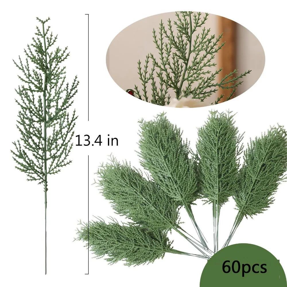 60Pcs Artificial Pine Needles Branches Faux Cedar Stems Fake Greenery for Christmas Tree Wreath Garland Making DIY Crafts Holiday Winter Decor Home Wedding Centerpiece Farmhouse Indoor Outdoor