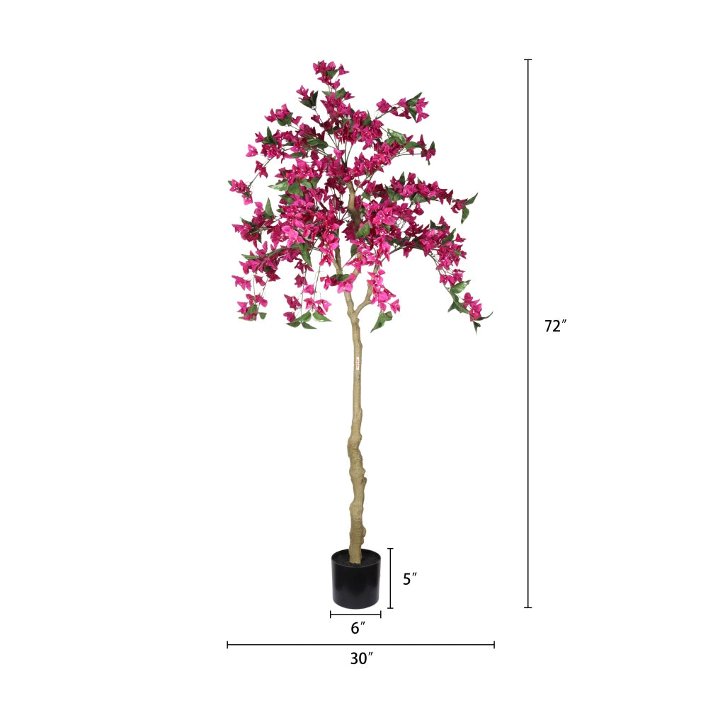 6FT Artificial Bougainvillea Tree with Black Plastic Pot, Realistic Flowering Fake Plant for Indoor Home Decor, Potted Faux Tree, 1pc/set