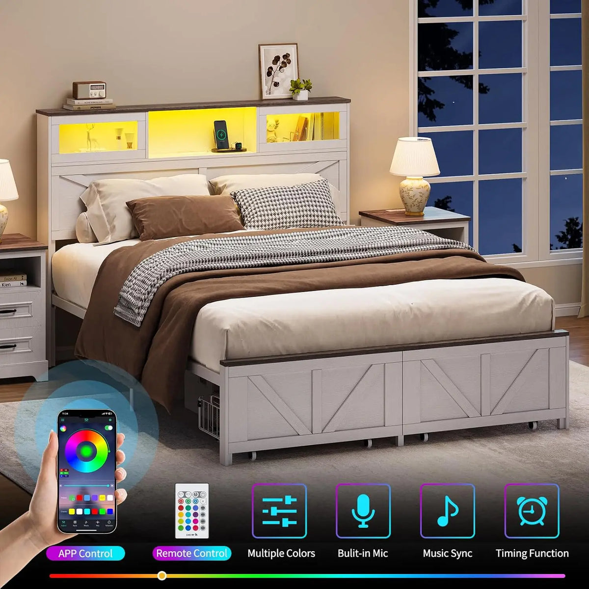 Full Size Bed Frame with Headboard, Full Bed Frame with Charging Station, LED Beds with 2 Storage Drawers, Wood Farmhouse Bedframe