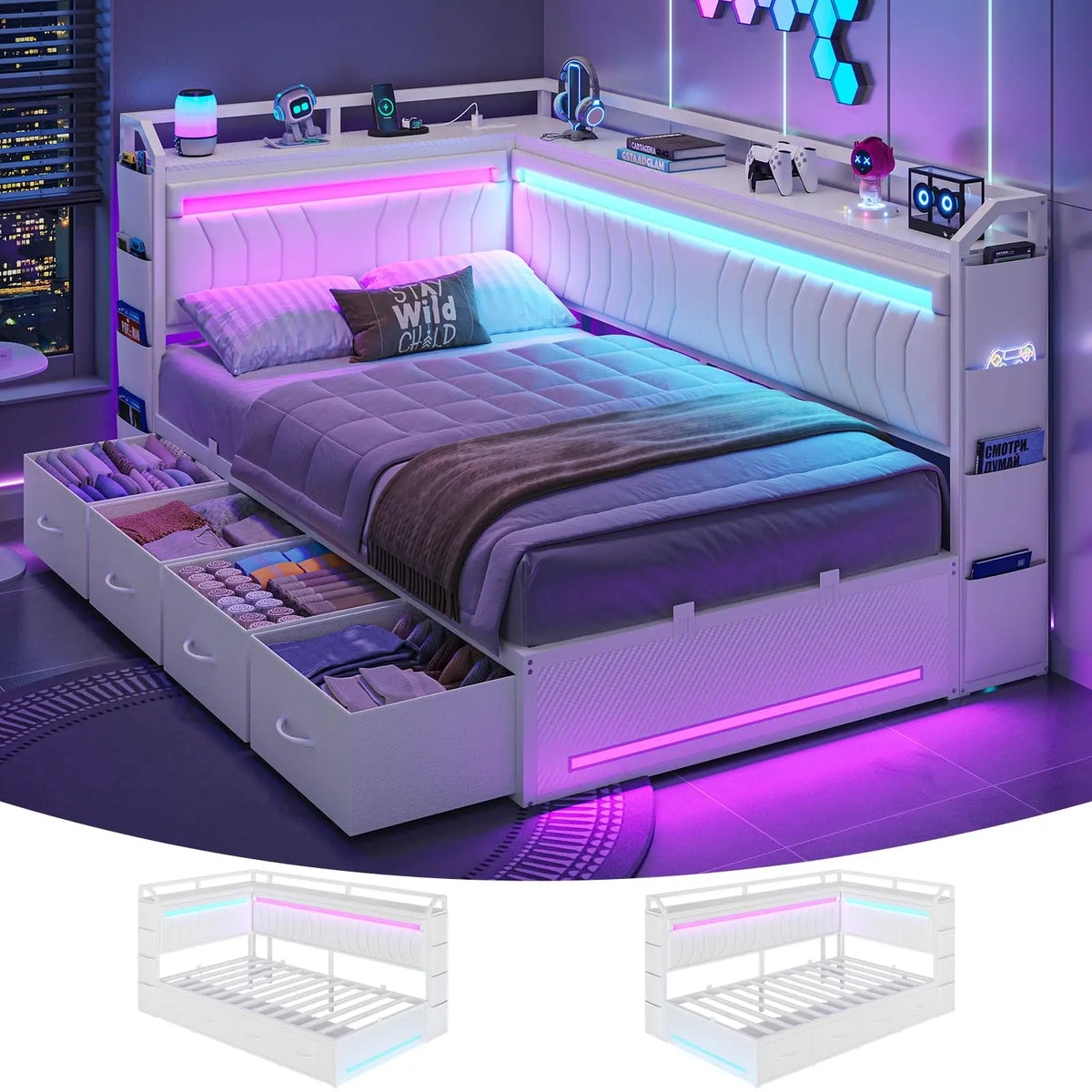 Queen Corner Bed Frame with 4 Storage Drawers,Open Shelves,Charging Station Gaming Bed with LED Lights,Esports-Style Queen