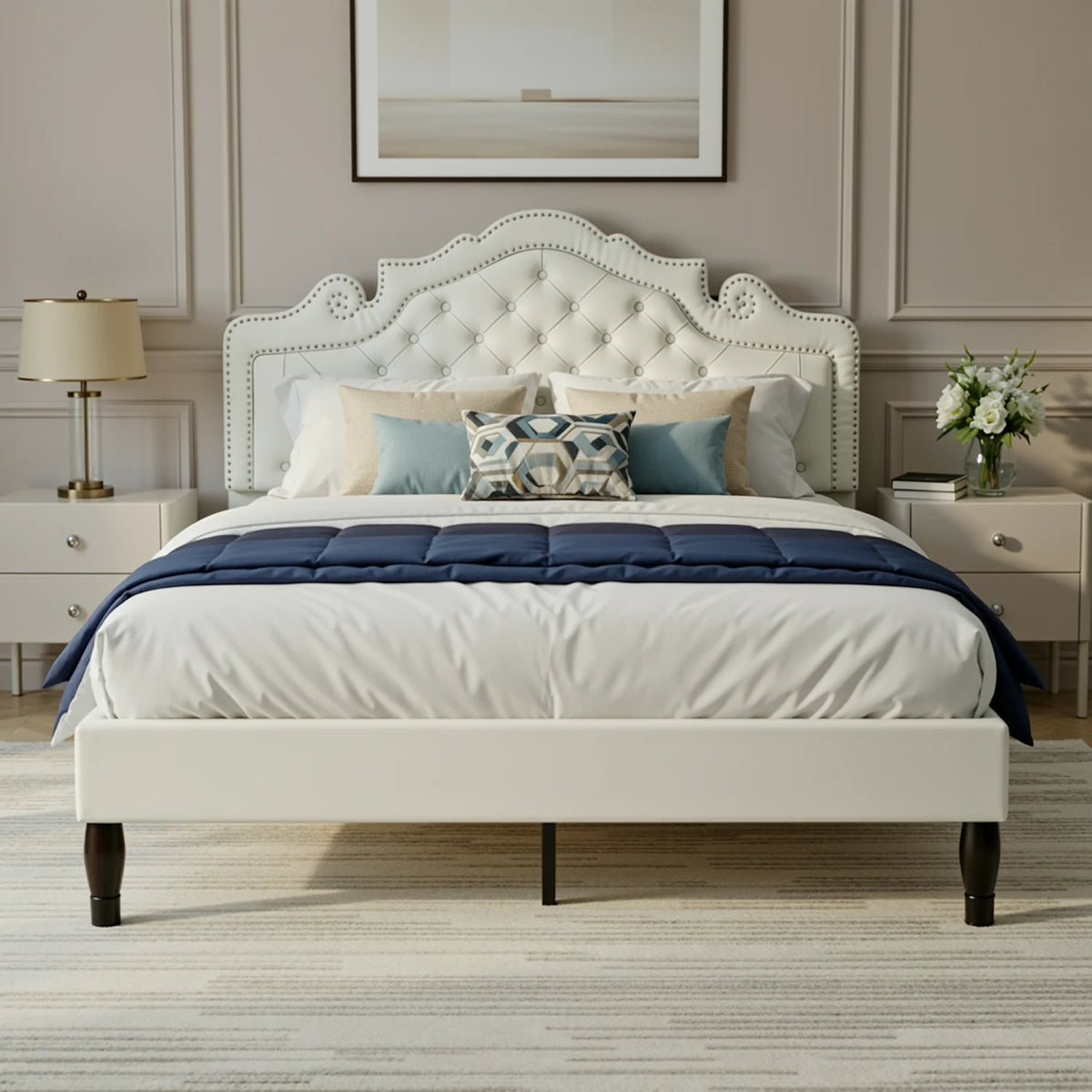 Full/Queen/King Size Velvet Bed Frame with Adjustable Tiara Headboard, Diamond Tufted Upholstered Platform Bed