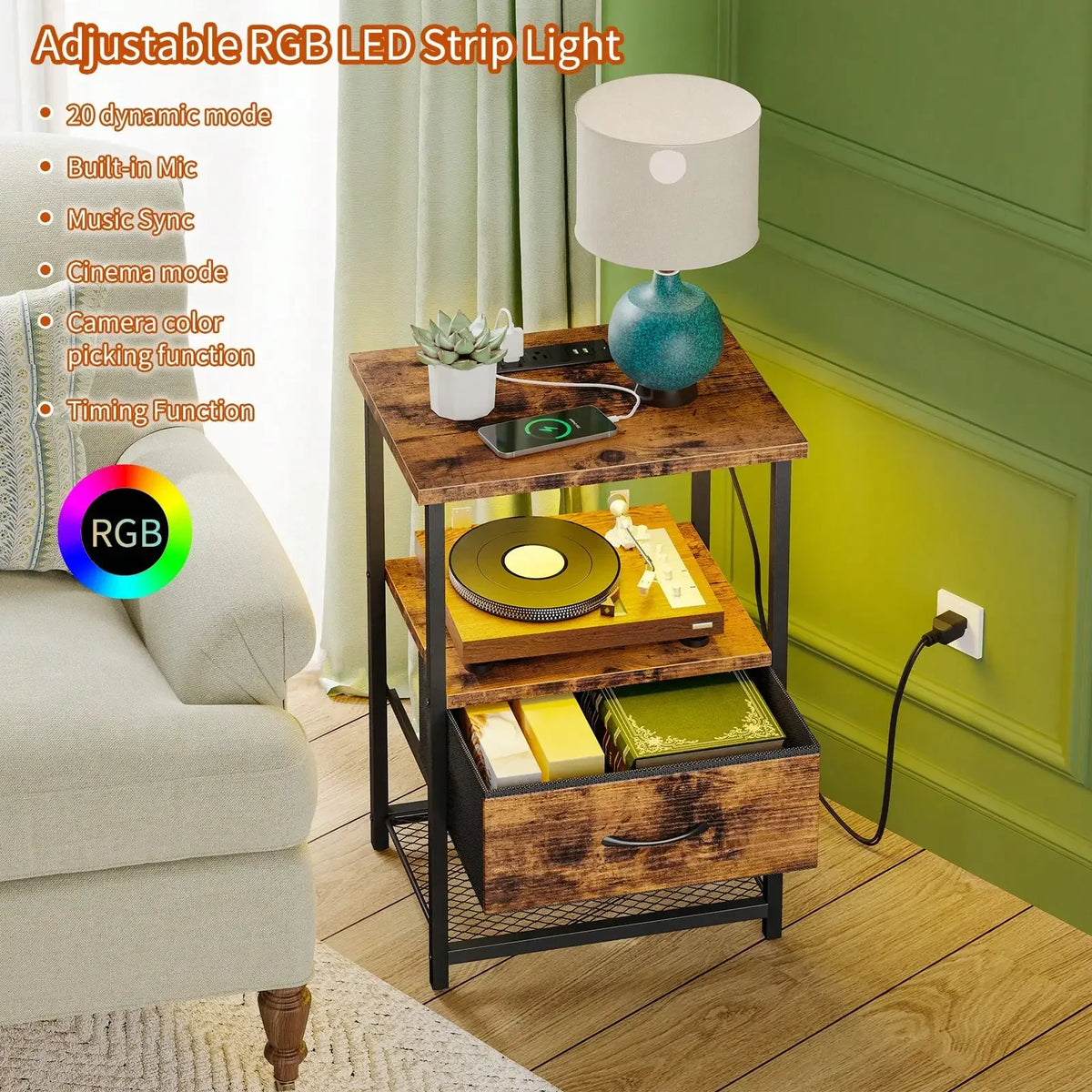 Beside Table With Charging Station, LED Nightstand With Fabric Drawers, End Table With PU Finish, Bedside Table, For Bedroom