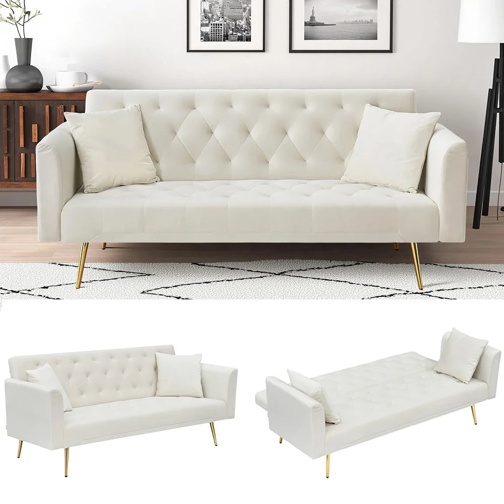 Velvet Convertible Futon Sofa Bed 71" 3-Seater Tufted Sleeper Couch with Gold Metal Legs 3 Position Adjustable Backrest Folding Reclining Sofa with 2 Throw Pillows for Living Room Apartment Small Spaces