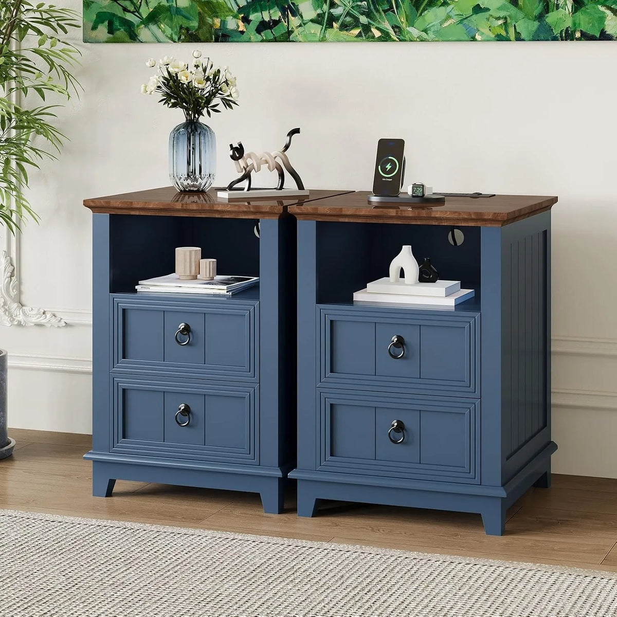 18 Inch Wood Nightstand with USB Charging Station Modern Fluted Bedside Table 2 Drawer End Table with Storage Shelf for Bedroom, Living Room, Blue