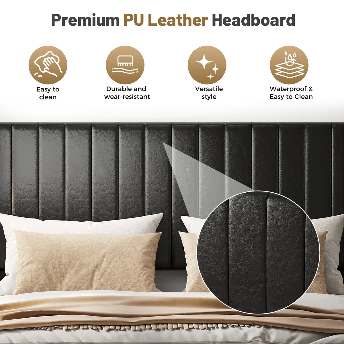 Wooden Bed Frame with PU Leather Wingback Headboard No Box Spring Needed with Sturdy Wooden Slats Support Upholstered Mattress Foundation For Home Bedroom