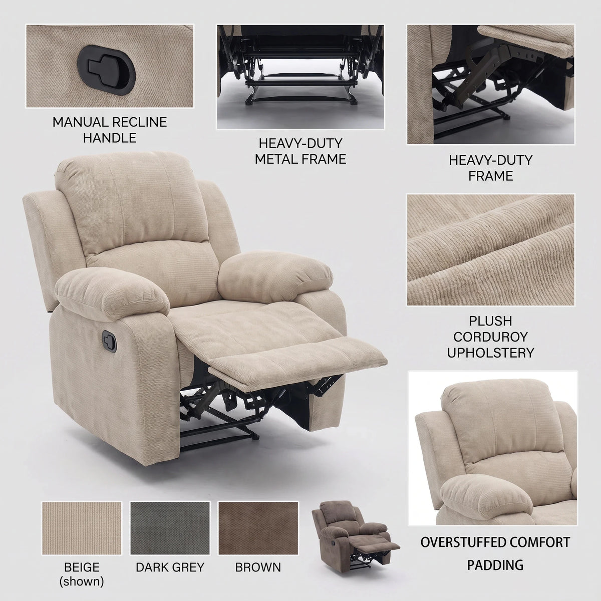 35.43-Inch Manual Armchair With Adjustable Backrest and Telescopic Footrest Single-Person Lounge Chair Equipped With Armrests for Living Room Bedroom Home Theater Children's Room and Apartment