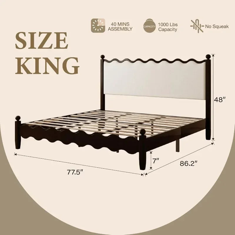 Wood Bed Frame King with Vintage Wave Headboard, 48" Tall Leather Upholstered Bed Frame, Mattress Foundation, No Box Spring Need
