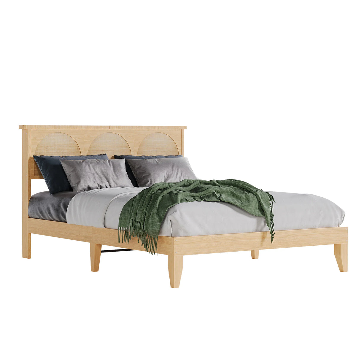 Modern Queen Platform Bed Frame with Natural Rattan Headboard, LED Lighting, 8" Storage, Sturdy Wooden Slats, Noise-Free Design, Easy Assembly, No Box Refresh Required