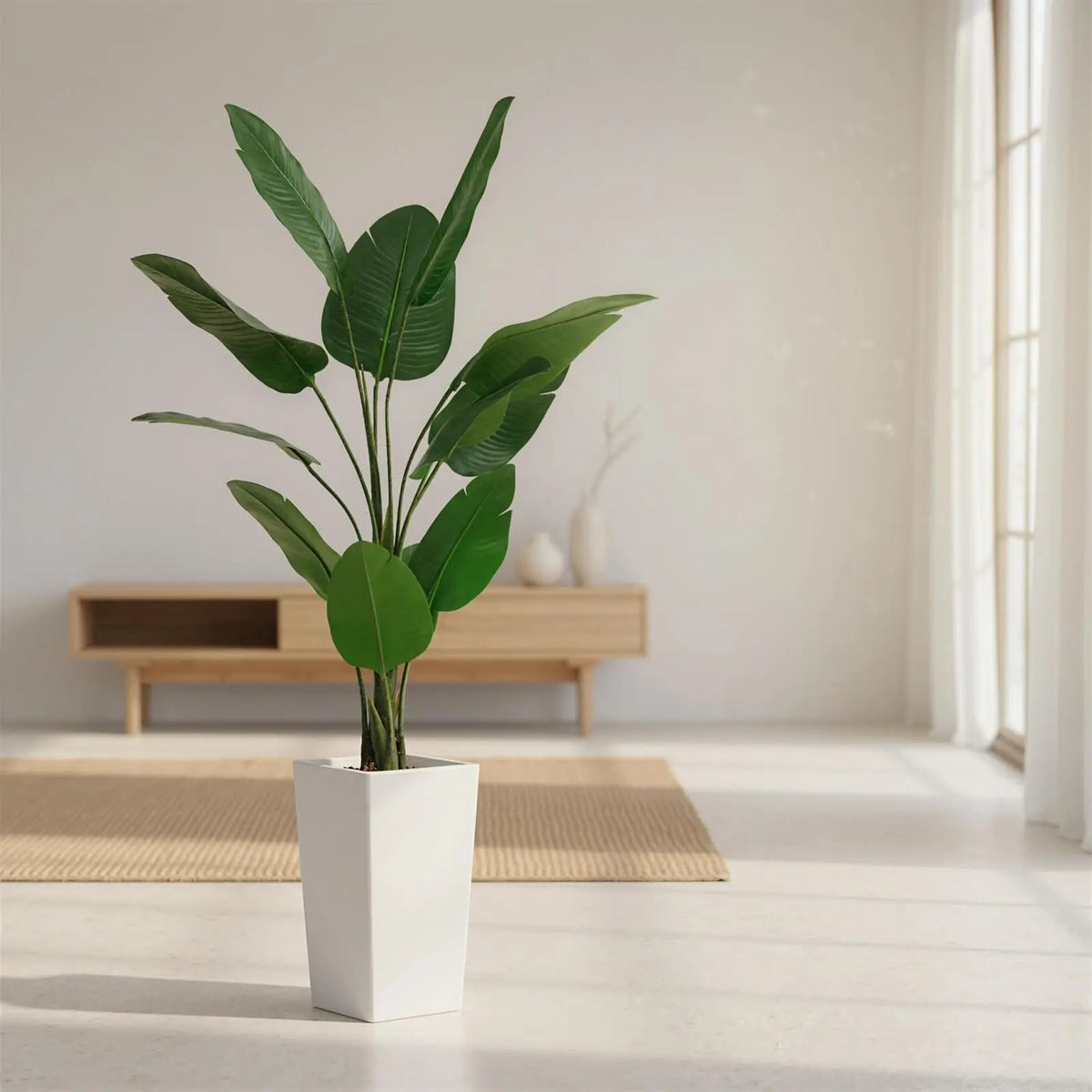 4.8FT Faux Banana Tree Artificial Plant, Fake Potted Tropical Evergreen with Tall White Planter for Living Room, Entryway, Porch