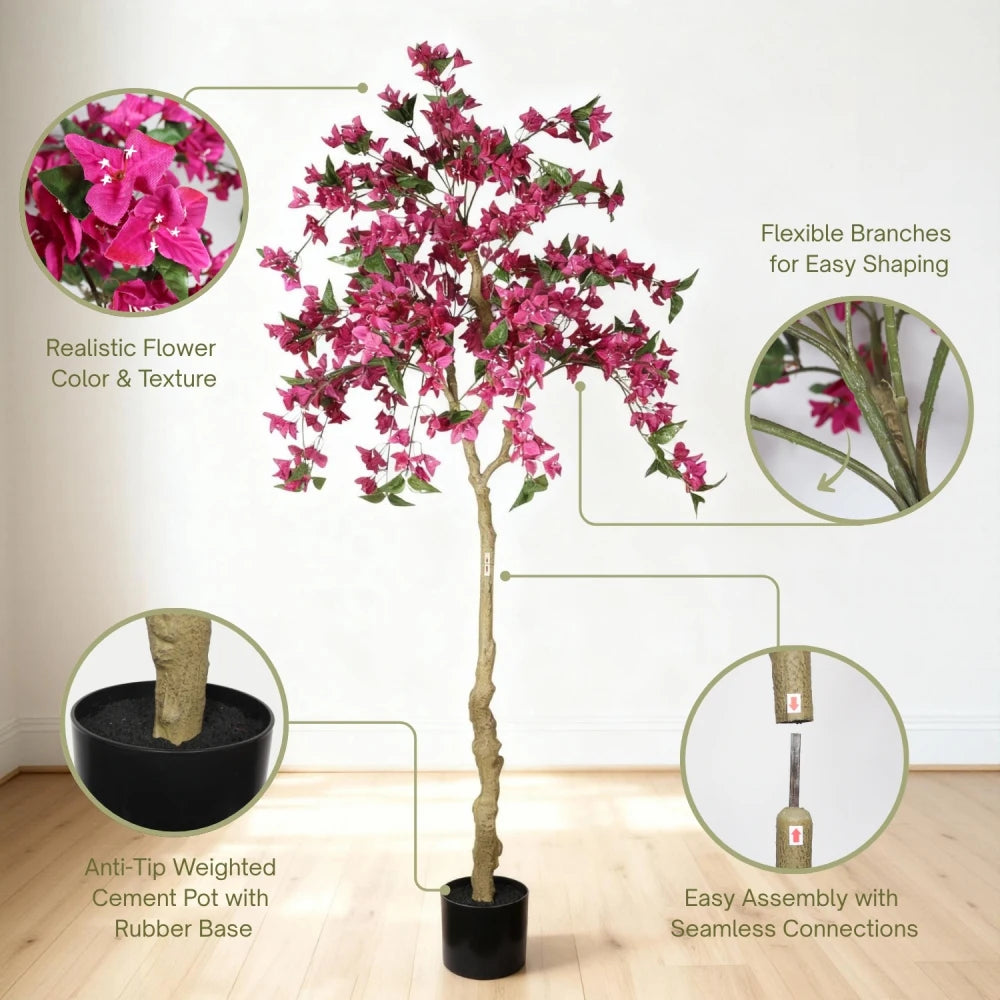 6FT Artificial Bougainvillea Tree with Black Plastic Pot, Realistic Flowering Fake Plant for Indoor Home Decor, Potted Faux Tree, 1pc/set