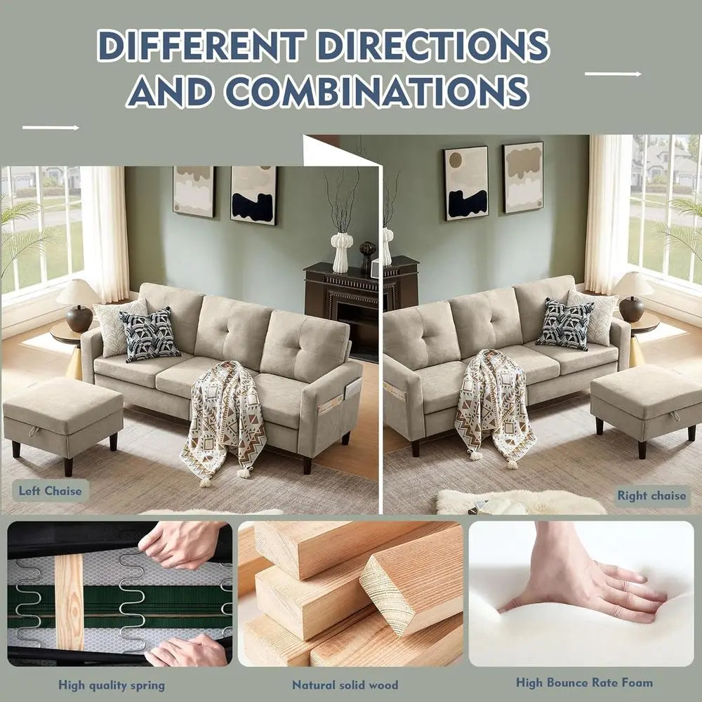 79" Convertible Sectional Sofa, Small L Shaped 3 Seat Couch with Storage Chaise and Side Pocket, Linen Fabric Reversible Sofa
