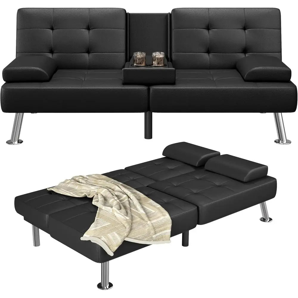 Sofa Bed Adjustable Couch Sleeper Soa Bed or Living Room, Business Office, Recliner Sofas with Cup Holders (PU Leather, Black)