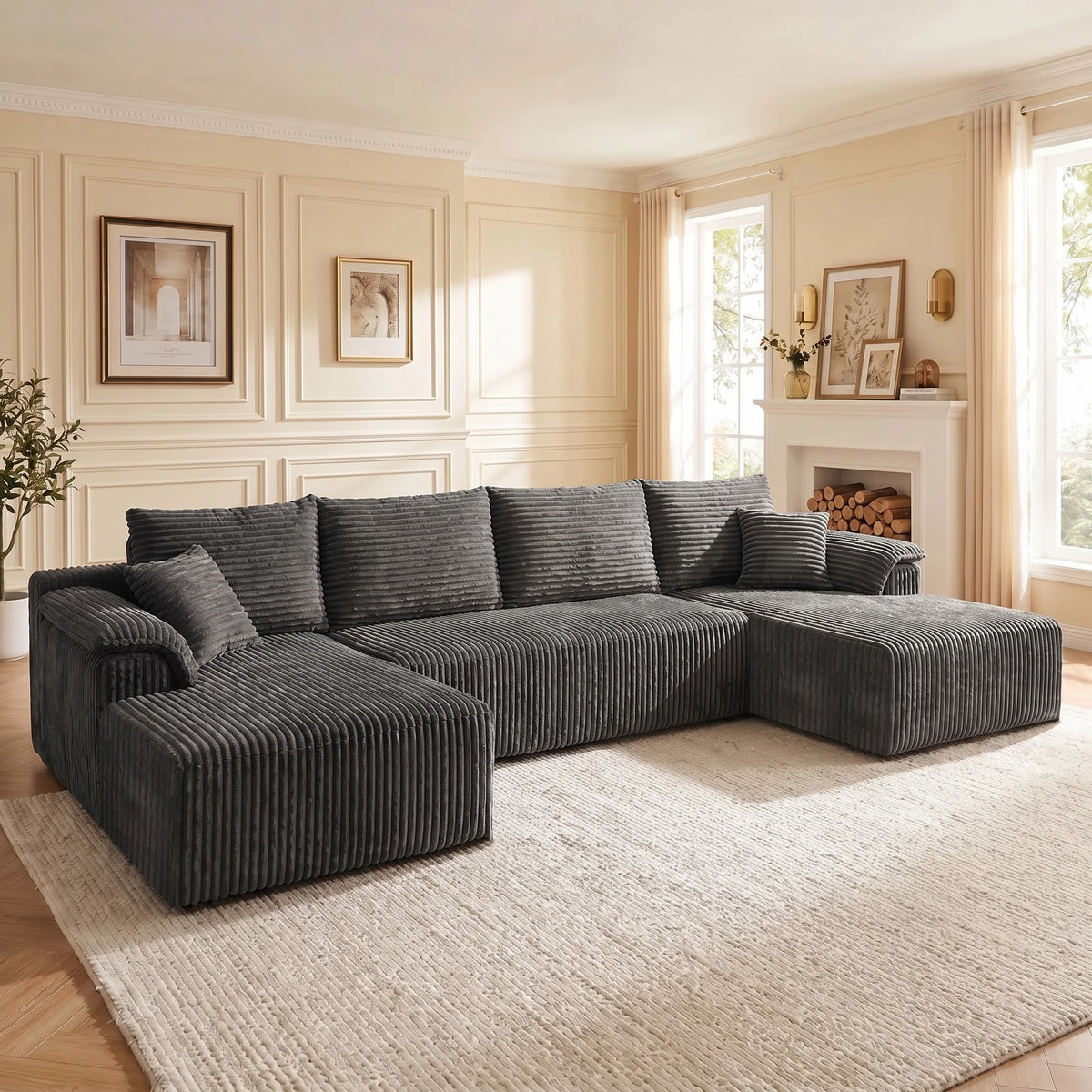 Oversized Vertical Striped Corduroy Modular Sofa, Freely Combinable U-Shaped Corner Sectional with Chaise Lounge, Luxury Cloud Deep Seat Fabric Couch, No Assembly Lazy Sofa with Throw Pillows for Living Room & Apartment, Idea