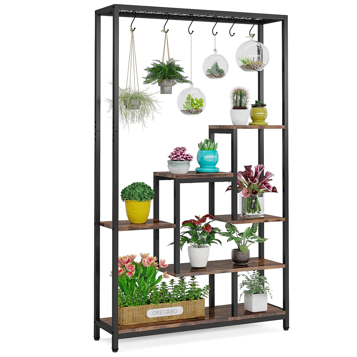 5 Tiers Tall Indoor Plant Stand 70.9 inches Large Metal Plant Shelf with 10 PC S Hanging Hooks for Garden