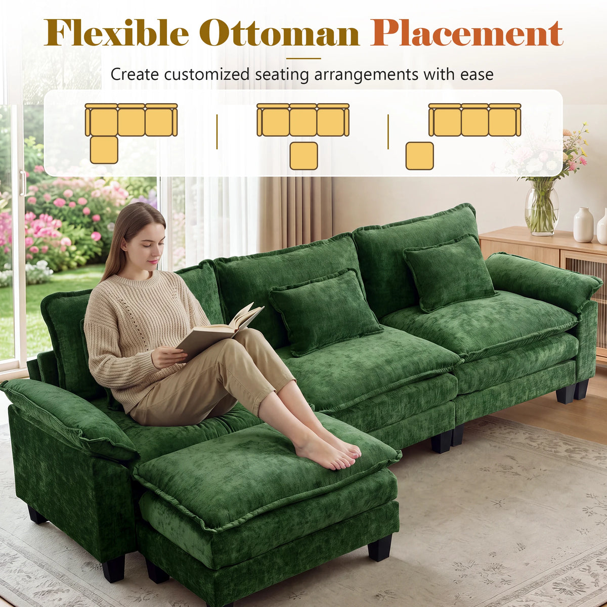 TCGBKAF 117 Inch Modular Sectional Cloud Couch, Modern L‑Shaped Corduroy Sofa with Ottoman, 3 Seater Sectional Couch with Lumbar Pillow, 2‑Layer Cushion Deep Seat Upholstered Sofa for Living Room Apartment