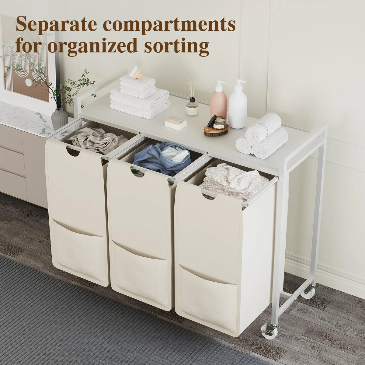 3 Compartment Laundry Sorter Cart with Tabletop, Rolling Laundry Hamper with Wheels, Metal Frame Clothes Sorting Basket for Bathroom Laundry Room