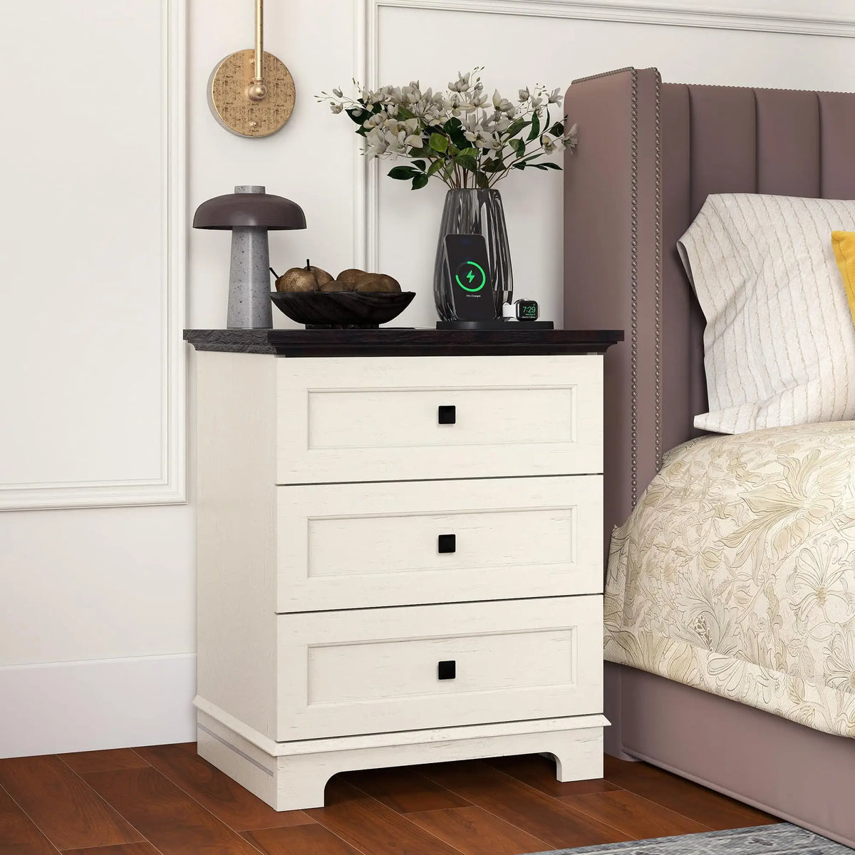 White Nightstand Farmhouse Night Stand with Charging Station,20'' Narrow Nightstand Side Table Wood End Table with 3 Drawers for Bedroom,Bedside Table with Power Outlet, USB, Type-C Ports