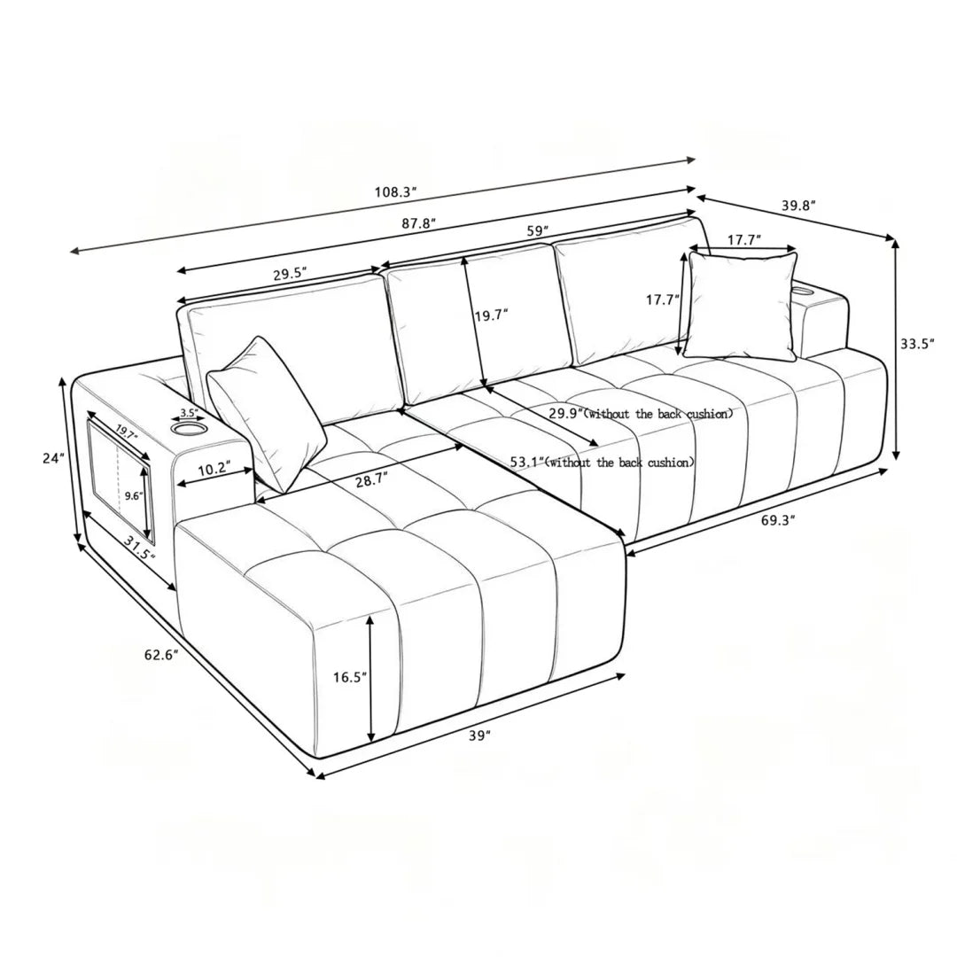 108" L-Shaped Chenille Sectional Sofa, Cloud Couch Sleeper Bed with Cup Holders & Side Pockets, Boneless Living Room Furniture, No Assembly, Black