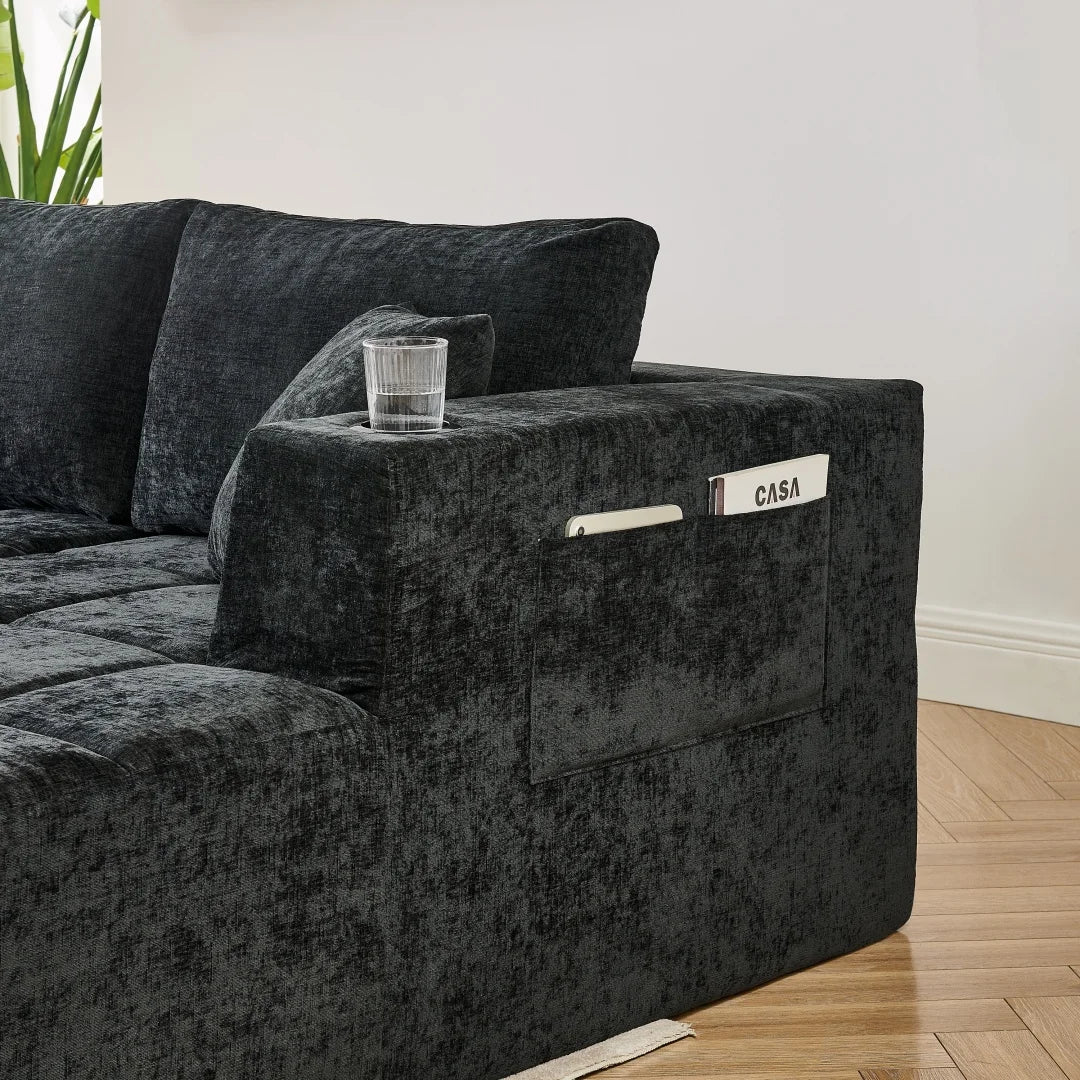 132" U-Shaped Chenille Sectional Sofa, Cloud Couch Sleeper Bed with Dual Lounges, Modern Living Room Furniture with Cup Holders, No Assembly, Black