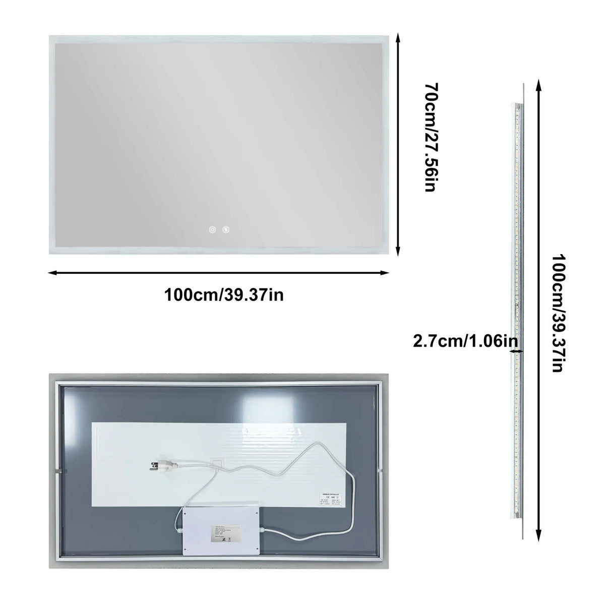 100/120CM Rectangular LED Bathroom Mirror Frameless Wall Vanity Mirror Smart Memory Function Touch Antifog 3 Colors Temperature