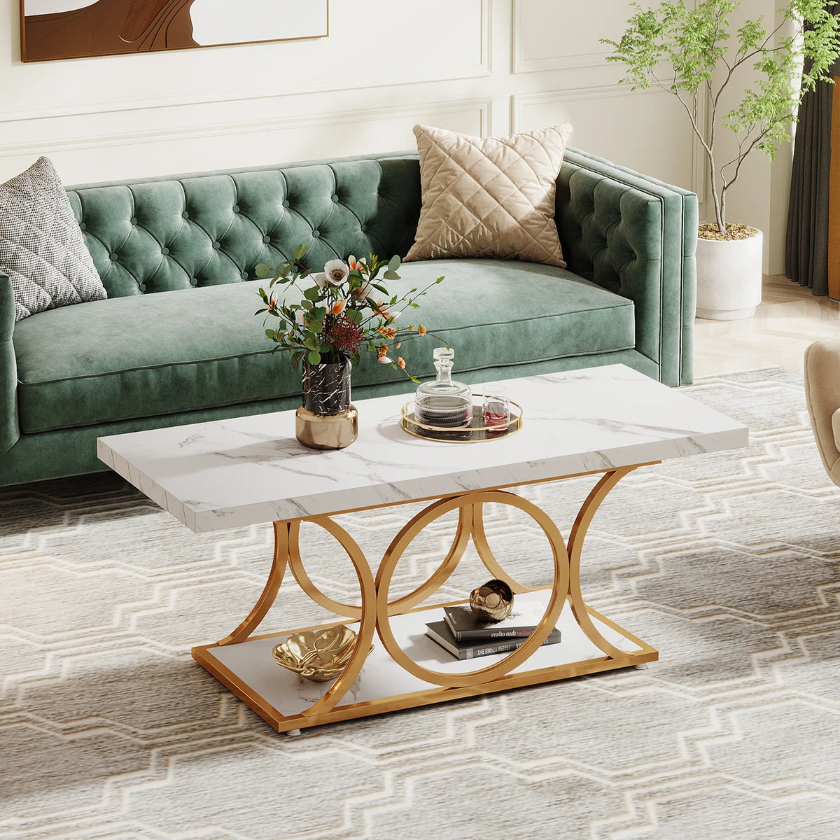 Rectangle Coffee Table, 47.24-inch Modern Coffee Tables for Living Room, 2-Tier Faux Marble Wood Coffee Table