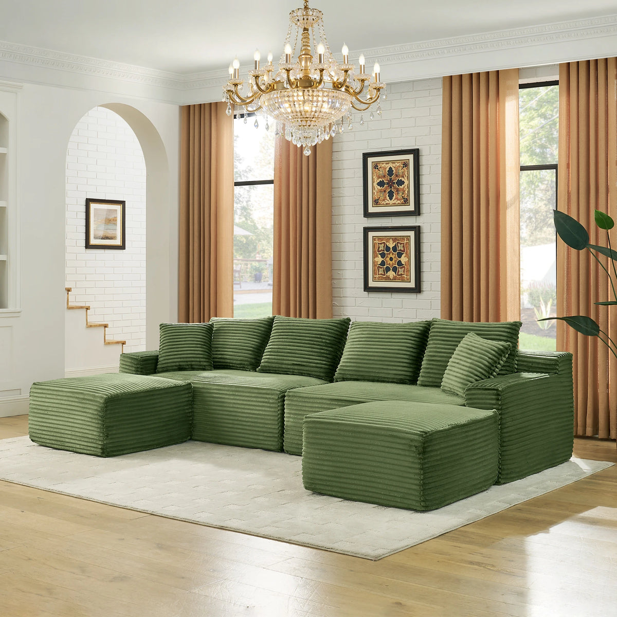 115" Comfy U-Shaped Sectional Couch, Modern Corduroy Sofa with Chaise and Ottoman, No-Tool Assembly Free Modular Cloud Sofa for Living Room Apartment, Green