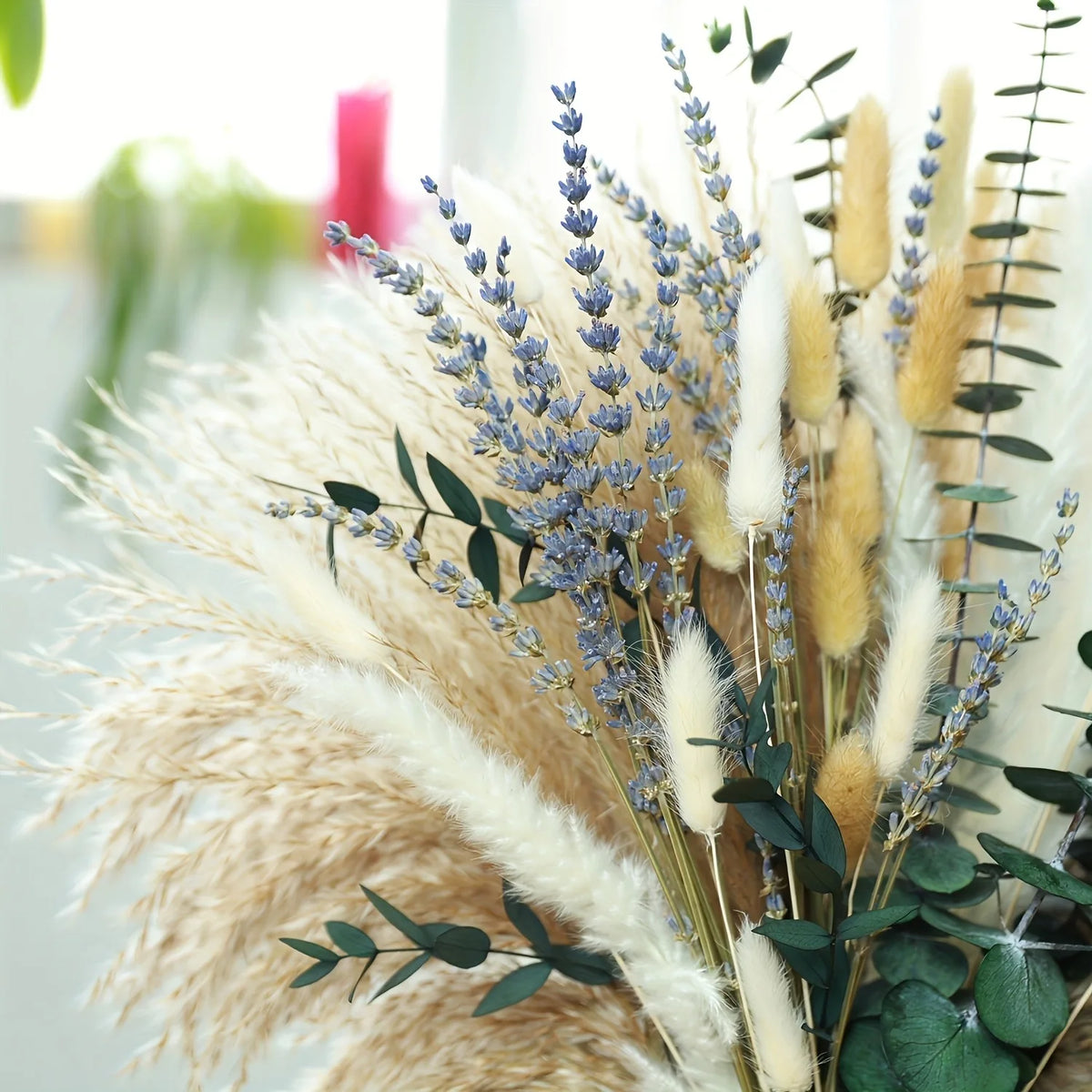 92PCS Pampas Grass Bouquet 17.5in Mixed Dried Flowers Natural Broomcorn Bunny Tails Eucalyptus Craspedia Reed Grass Baby's Breath Boho Wedding Home Decor Farmhouse Table Centerpiece Vase Filler Rustic Fall Vase Not Included