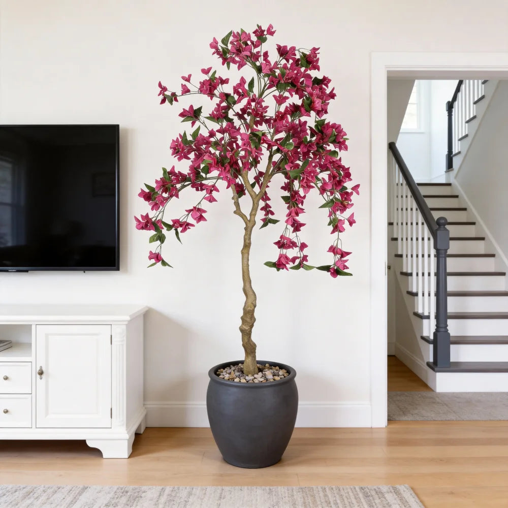 6FT Artificial Bougainvillea Tree with Black Plastic Pot, Realistic Flowering Fake Plant for Indoor Home Decor, Potted Faux Tree, 1pc/set
