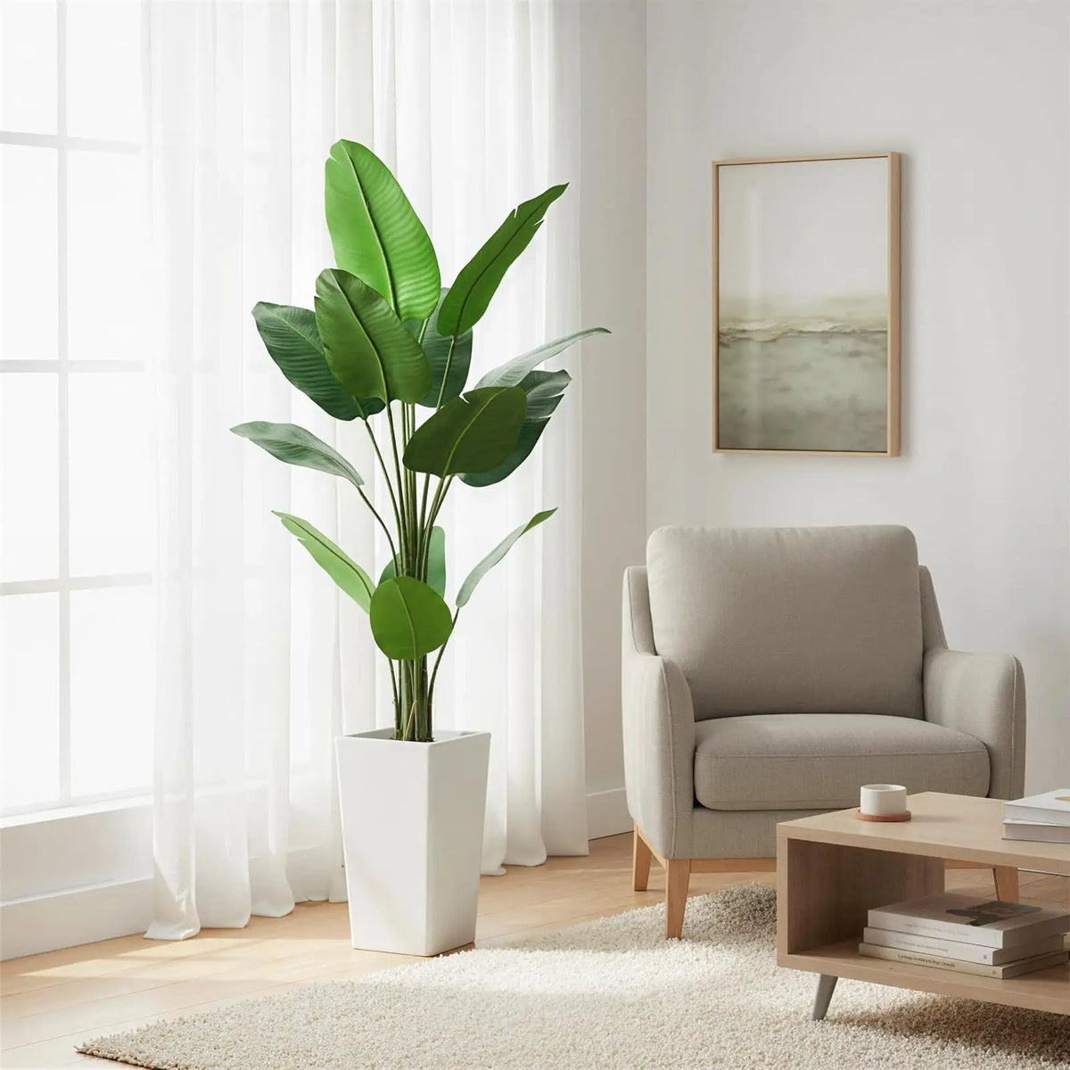 4.8FT Faux Banana Tree Artificial Plant, Fake Potted Tropical Evergreen with Tall White Planter for Living Room, Entryway, Porch