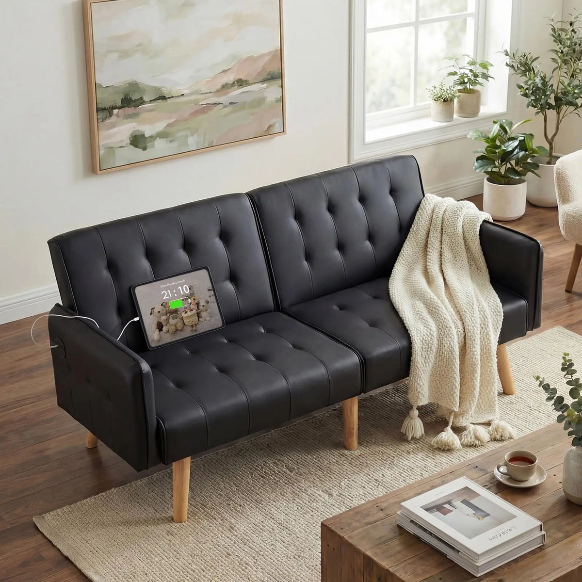 65" Brown Faux Leather Futon Sofa Bed Convertible Sleeper Loveseat 2 USB Ports Tufted Adjustable Folding Couch Space