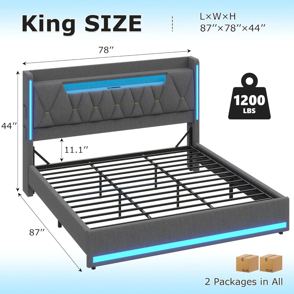 King Size Bed Frame With LED Lights & Charging Station, LED King Bed With Hidden Space And 2-Tier Shelves,, Customized