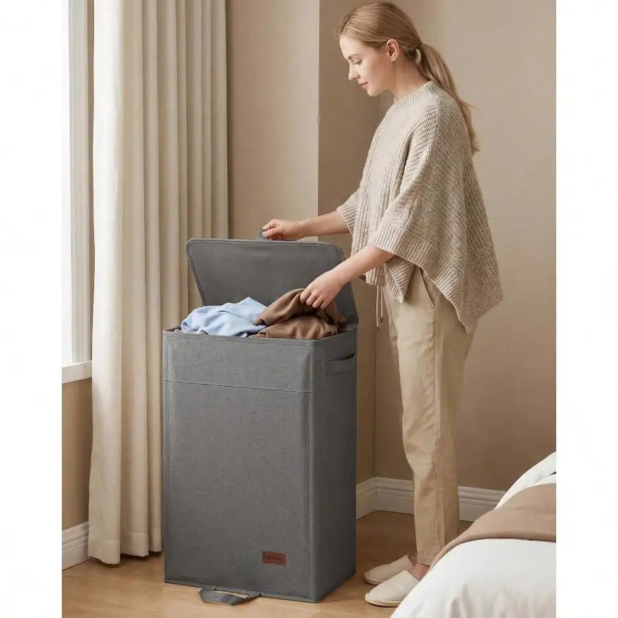 85L Laundry Hamper With Lid, Tall Dirty Clothes Hamper, Foot Loop Removable Bag Easy To Lift And Carry, Tall Collapsible Laundry Basket Bathroom, Bedroom, Laundry Room, Dorm