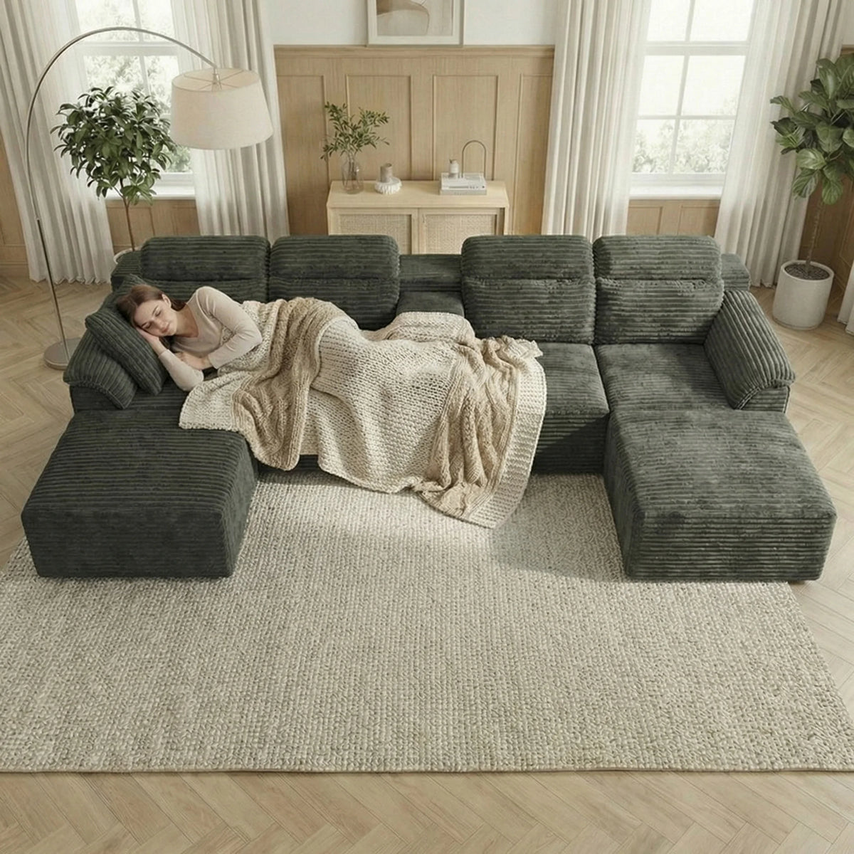 147" Luxury Cloud U-Shaped Sectional Couch, No Assembly Convertible Corduroy Modular Sofa Bed For Living Room, Home Theater, Villa, Apartment & Study