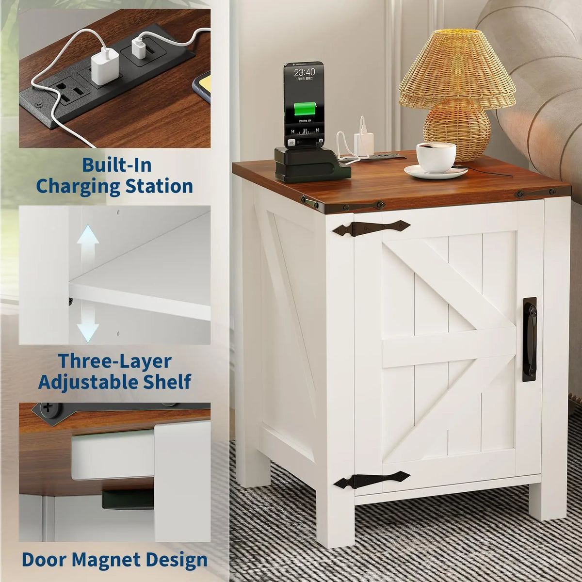 18" Farmhouse Nightstand with Charging Station for Bedroom, Living Rooms