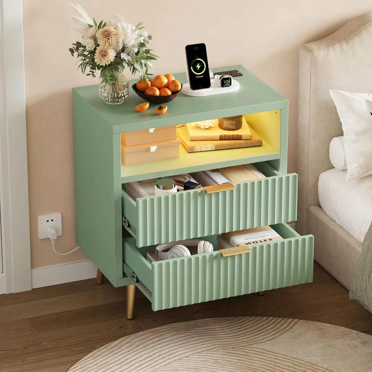 Nightstand with Charging Station with LED Light 2 Drawer 2 USB-A Ports & AC Outlet Open Storage Shelf, Gold Handle, Fluted Storage Drawers Bedside Table for Bedroom